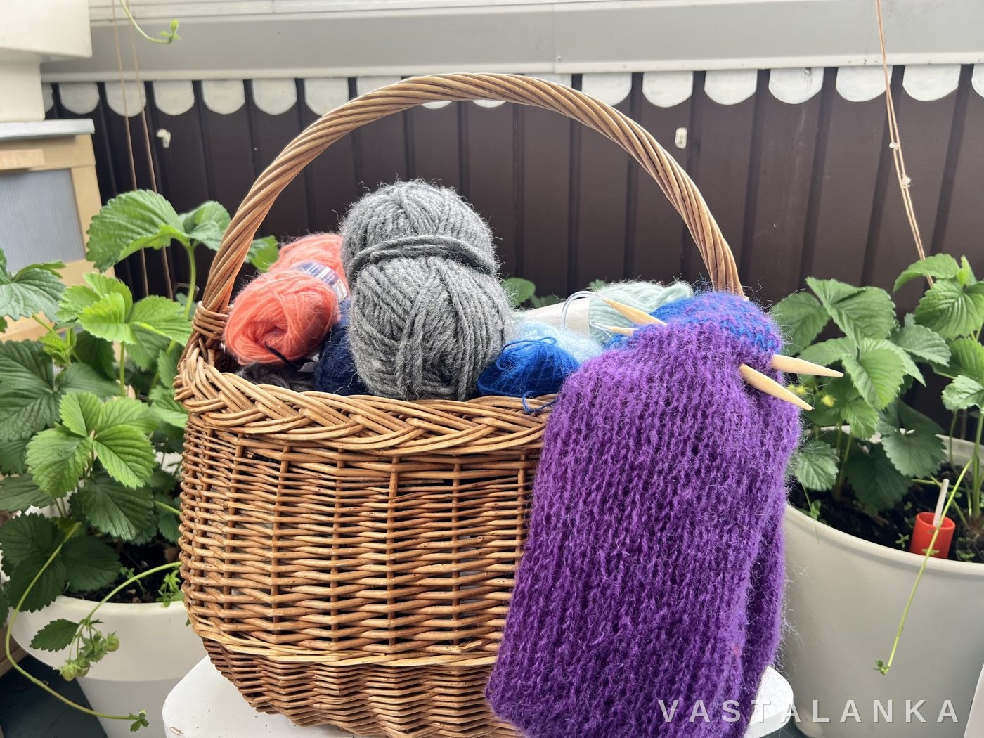 A basket full of colourful unused yarn balls on a sunny balcony