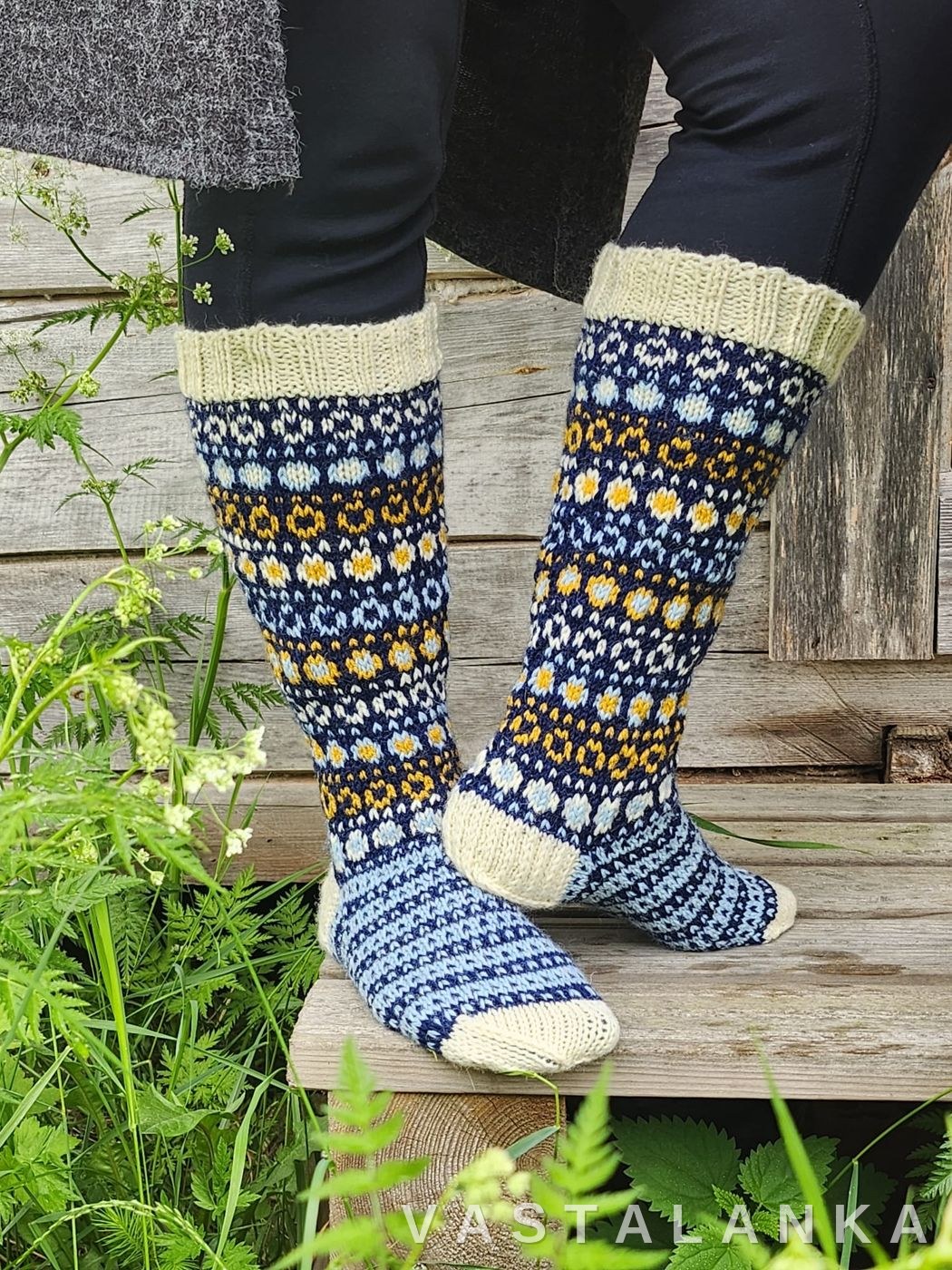 Pallukka colourwork socks in navy, mustard and cream