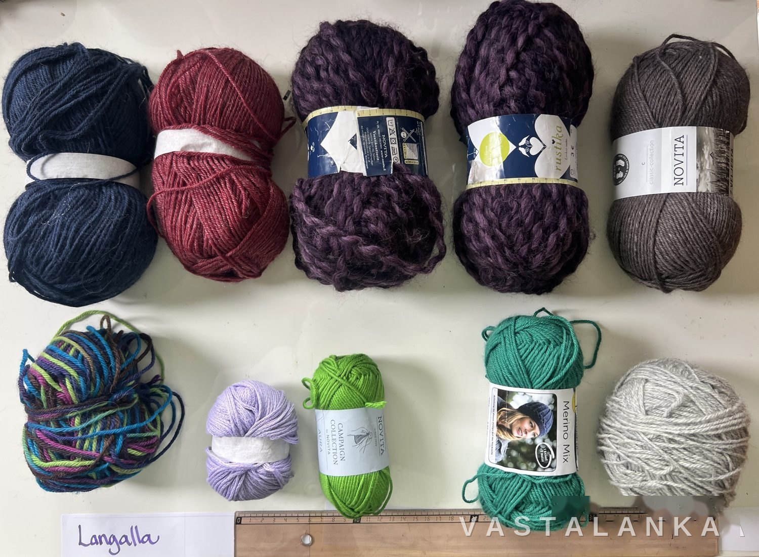 A good example: yarn laid out in a grid on a plain background, in daylight, with a ruler for scale and labels still on